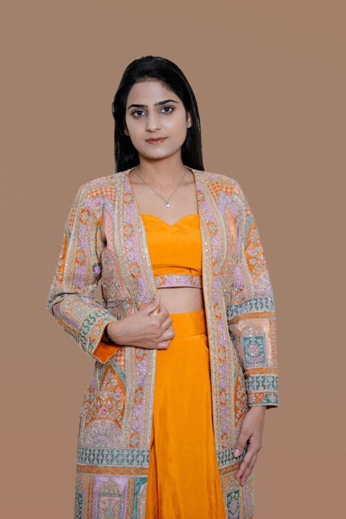 Yellow silk Co-Ord Set with Multicolor Embroidered Jacket
