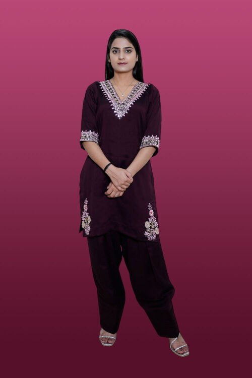 Plum Hand Embroidered Straight Suit with Ombre Dupatta