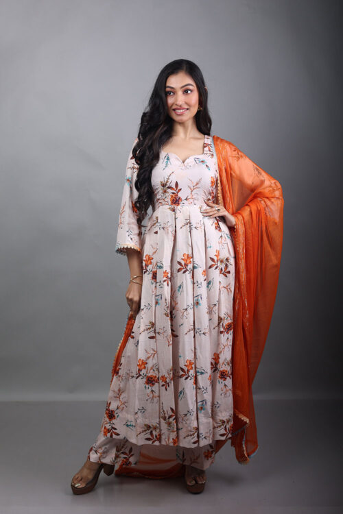 Blush Orange Floral Anarkali Set with Dupatta