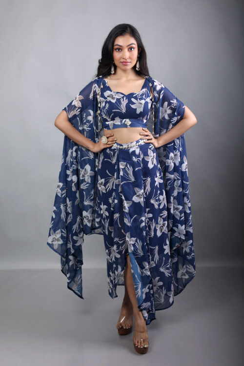 Midnight Bloom Three-Piece Cape Co-Ord Set – Navy Floral