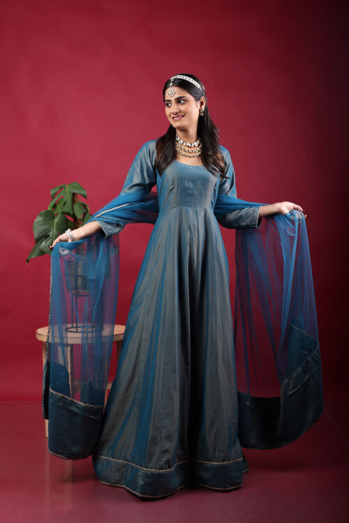 Steel Blue Silk Anarkali Gown Set with Net Dupatta