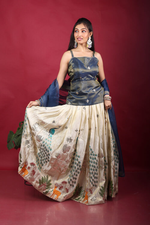 Peacock Heritage Lehenga Set – Blue & Beige Elegance
