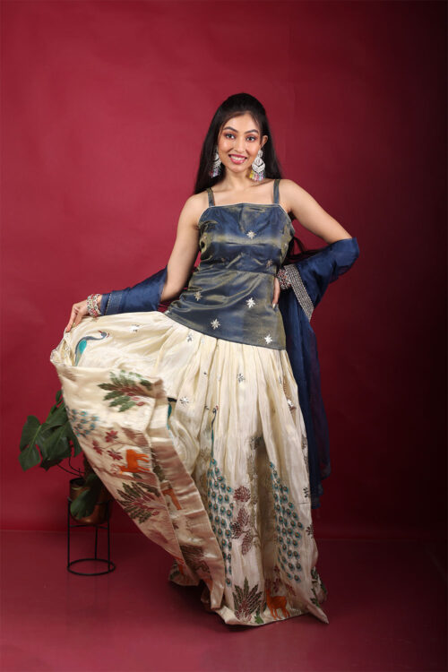 Peacock Heritage Lehenga Set – Blue & Beige Elegance