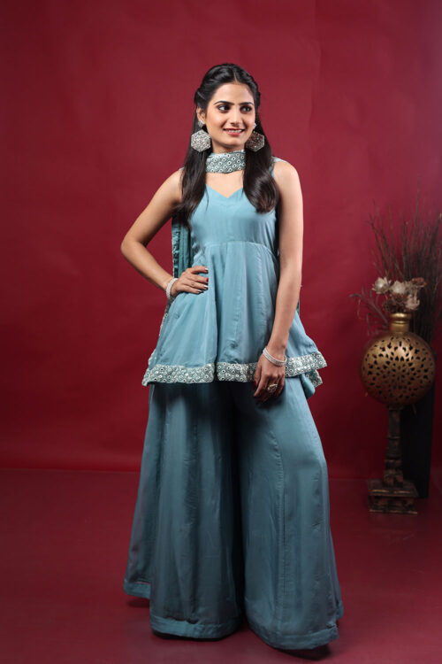 Dusty Teal Sharara Set with Embroidered Detailing