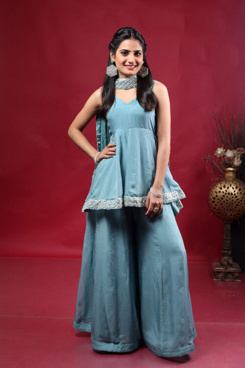 Dusty Teal Sharara Set with Embroidered Detailing