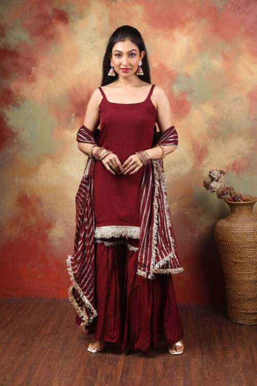 Maroon Sleeveless Sharara Set with Embellished Dupatta