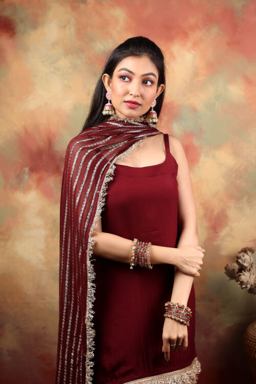 Maroon Sleeveless Sharara Set with Embellished Dupatta
