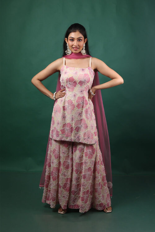 Pink Floral Embroidered Sharara Suit Set