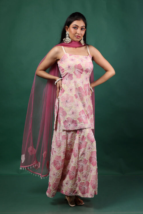 Pink Floral Embroidered Sharara Suit Set