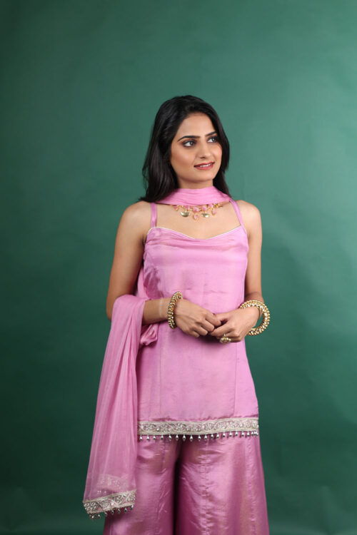 Pure Silk Pink Mirror Lace Sharara Set