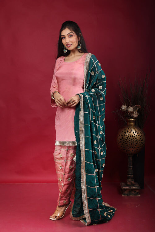 Pink Embroidered Suit with Green Banarasi Hand Work Dupatta