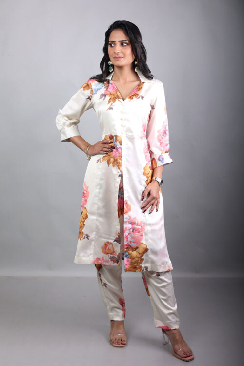 Ivory Bloom Satin Co-Ord Set – Floral Elegance Edition