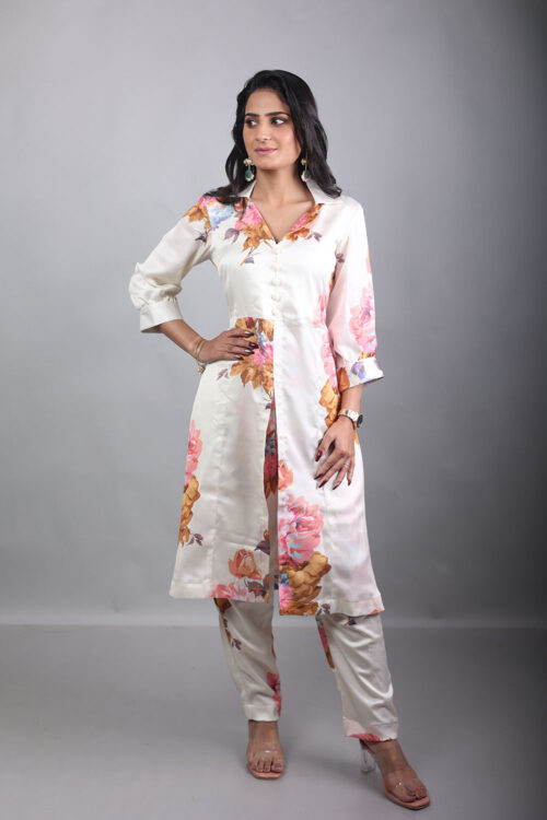 Ivory Bloom Satin Co-Ord Set – Floral Elegance Edition