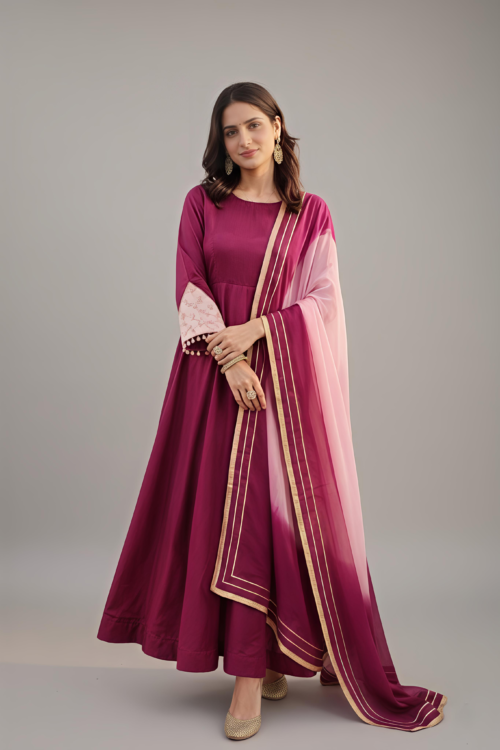 Wine Anarkali Kurta Set with Ombre Dupatta
