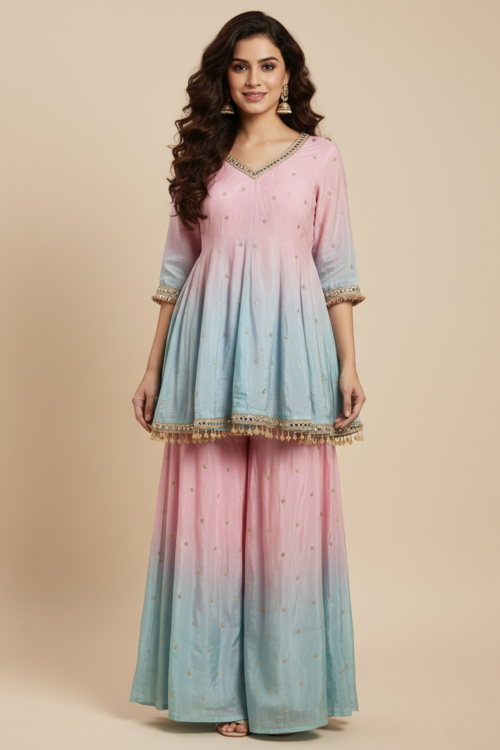 Blush & Mint Ombre Sharara Kurta Set with Gold Buti Detailing
