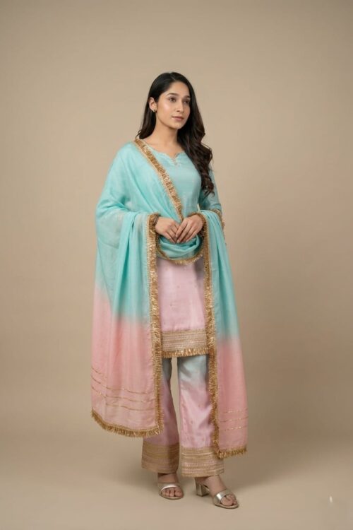 Mint & Blush Ombre Kurta Plazzo Set with Gold Trim Dupatta