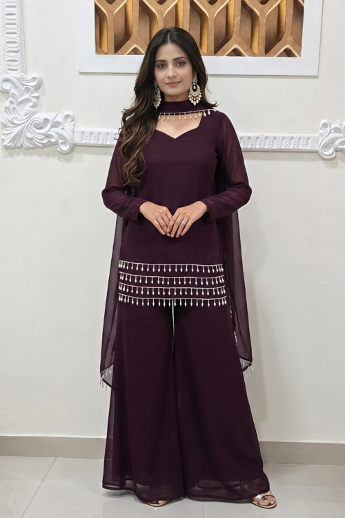 Midnight Wine Sharara Set with Tassel Detailing