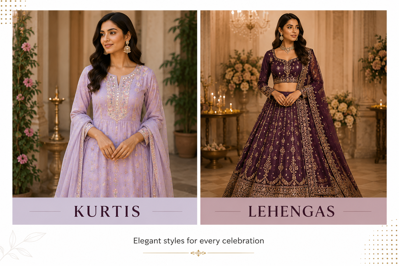 Festive wear for women featuring an embroidered kurti and traditional lehenga for Indian celebrations